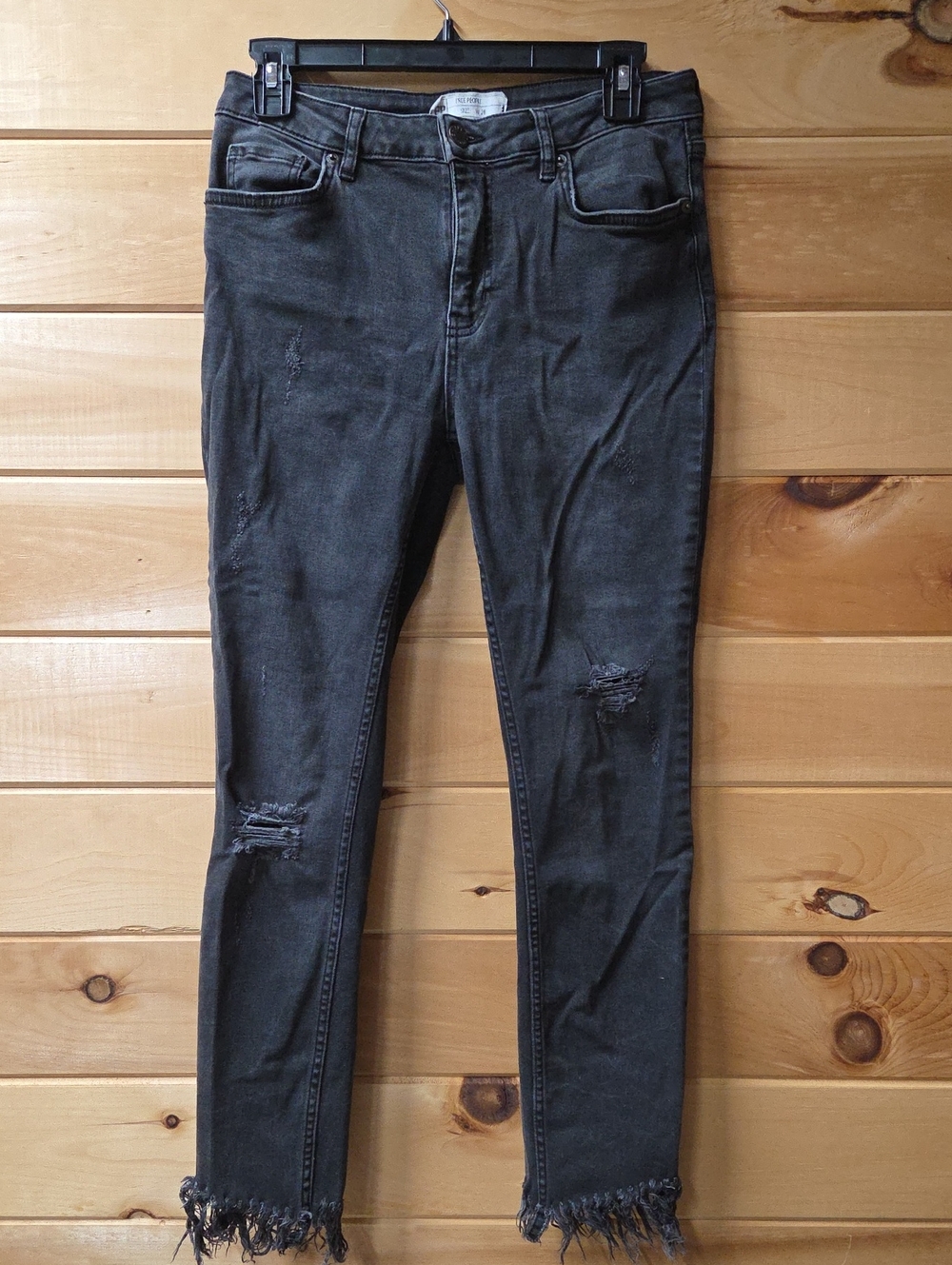 Free People Great Heights Charcoal Black Skinny Jeans with Frayed Hem